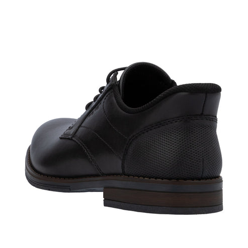 Black leather oxford shoe with a textured heel and dark brown sole.