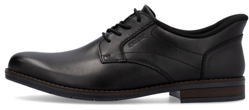 A black leather dress shoe with laces.