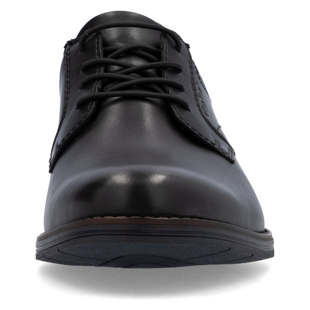 Black leather dress shoe with lace-up closure.