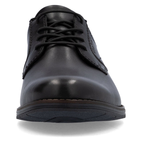 Black leather dress shoe with lace-up closure.