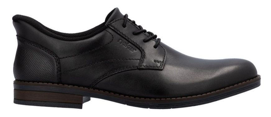 A black leather dress shoe with laces.