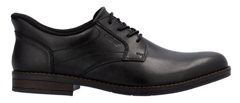 A black leather dress shoe with laces.