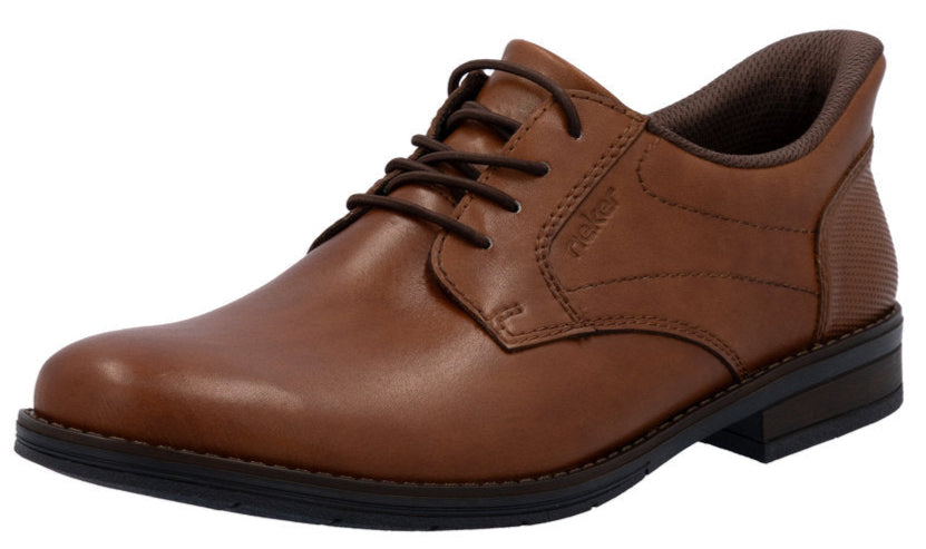 Brown leather dress shoe with lace-up closure and textured heel.