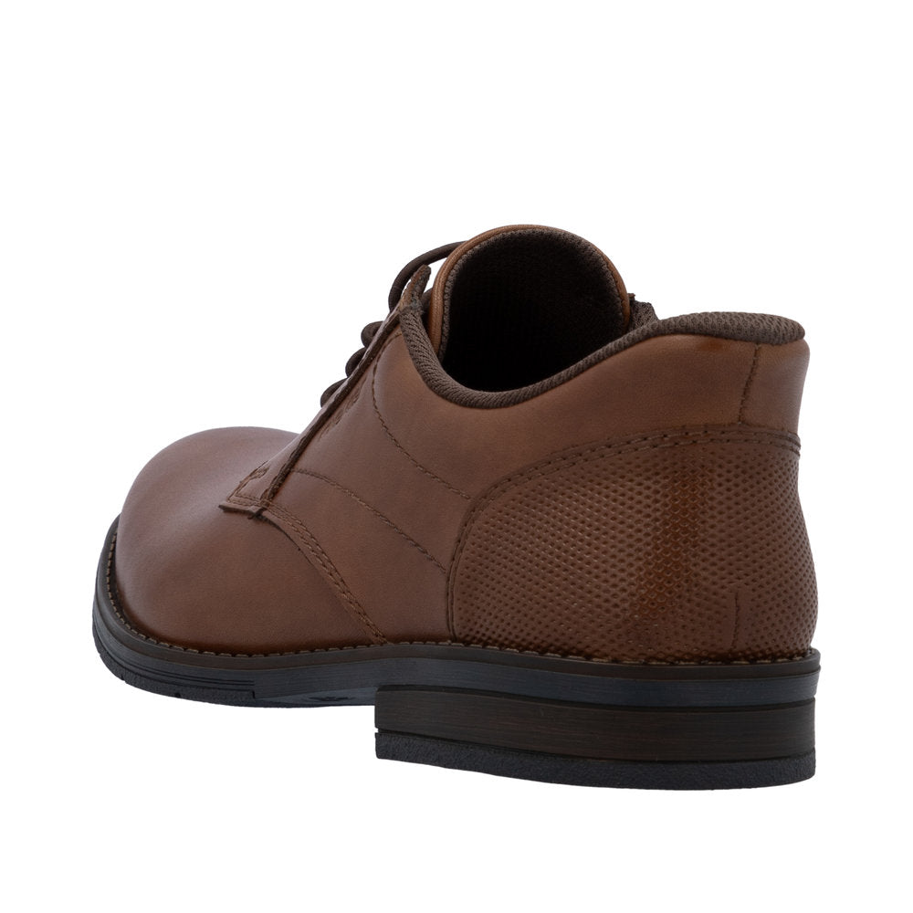 Rear view of a brown leather shoe with laces and a textured heel.