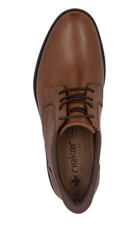 Tan leather dress shoe with laces and visible insole branding 'Rieker ANTISTRESS'.