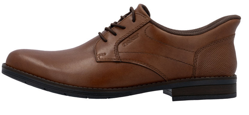 A brown leather dress shoe with dark brown laces and a dark sole.