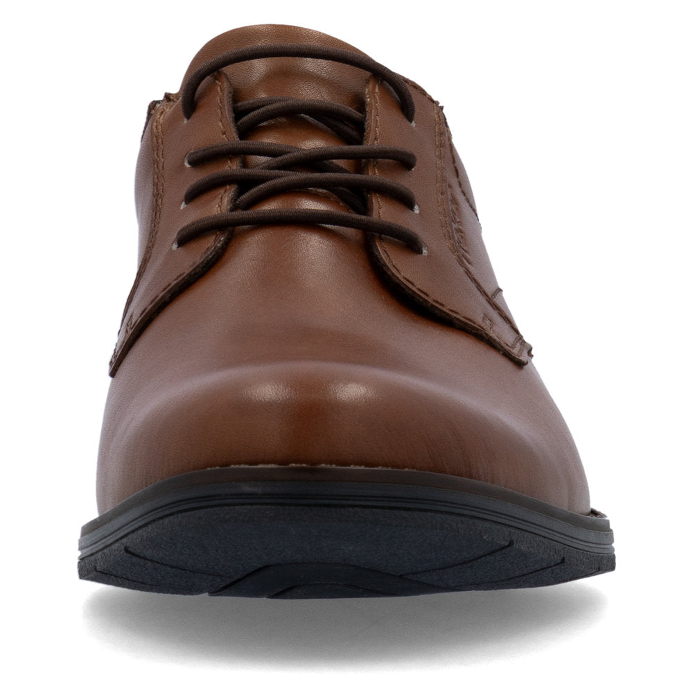 Men's brown leather dress shoe with black sole and lace-up closure.