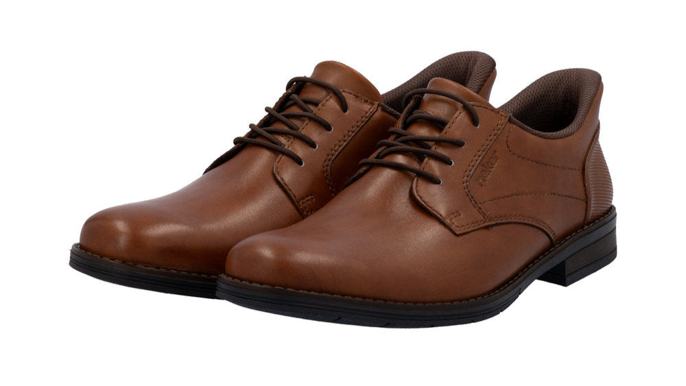Pair of brown leather dress shoes with dark laces and soles.