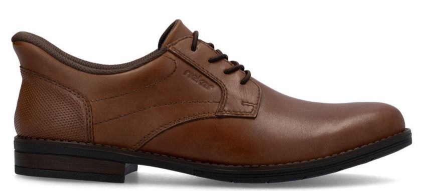 A brown leather dress shoe with a lace-up closure and a low heel.
