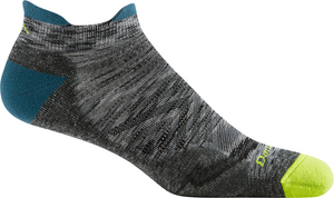 Low cut sock with a gray and black pattern, teal heel and lining, and neon green toes.