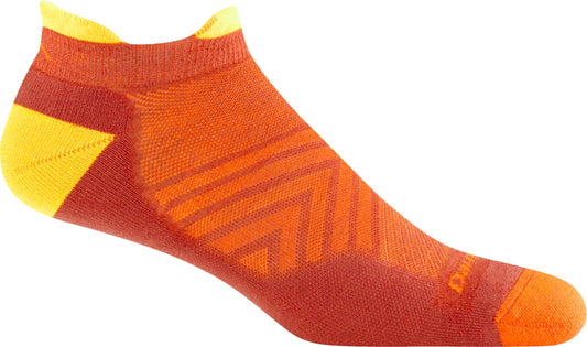 Orange and red sock with yellow accents, low cut.