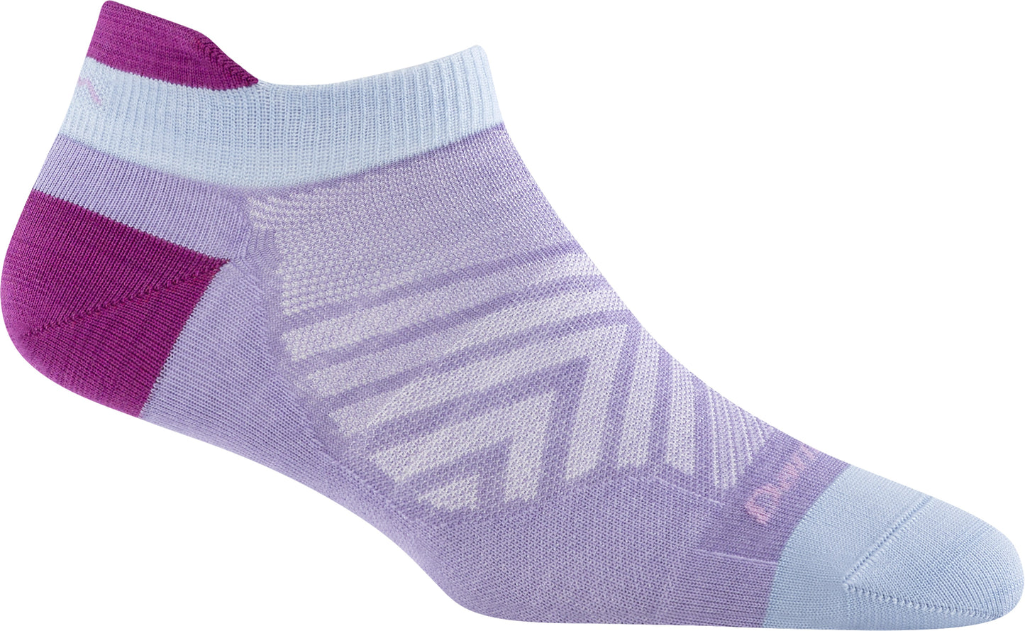 Purple sock with reinforced heel, toe, and zig-zag pattern.