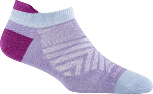 Purple sock with reinforced heel, toe, and zig-zag pattern.
