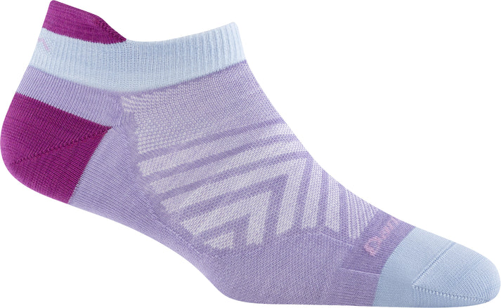 Purple sock with reinforced heel, toe, and zig-zag pattern.