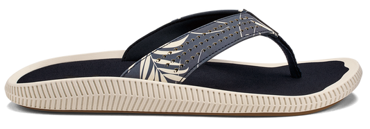 A flip-flop with a decorative patterned strap and a thick, ridged sole.