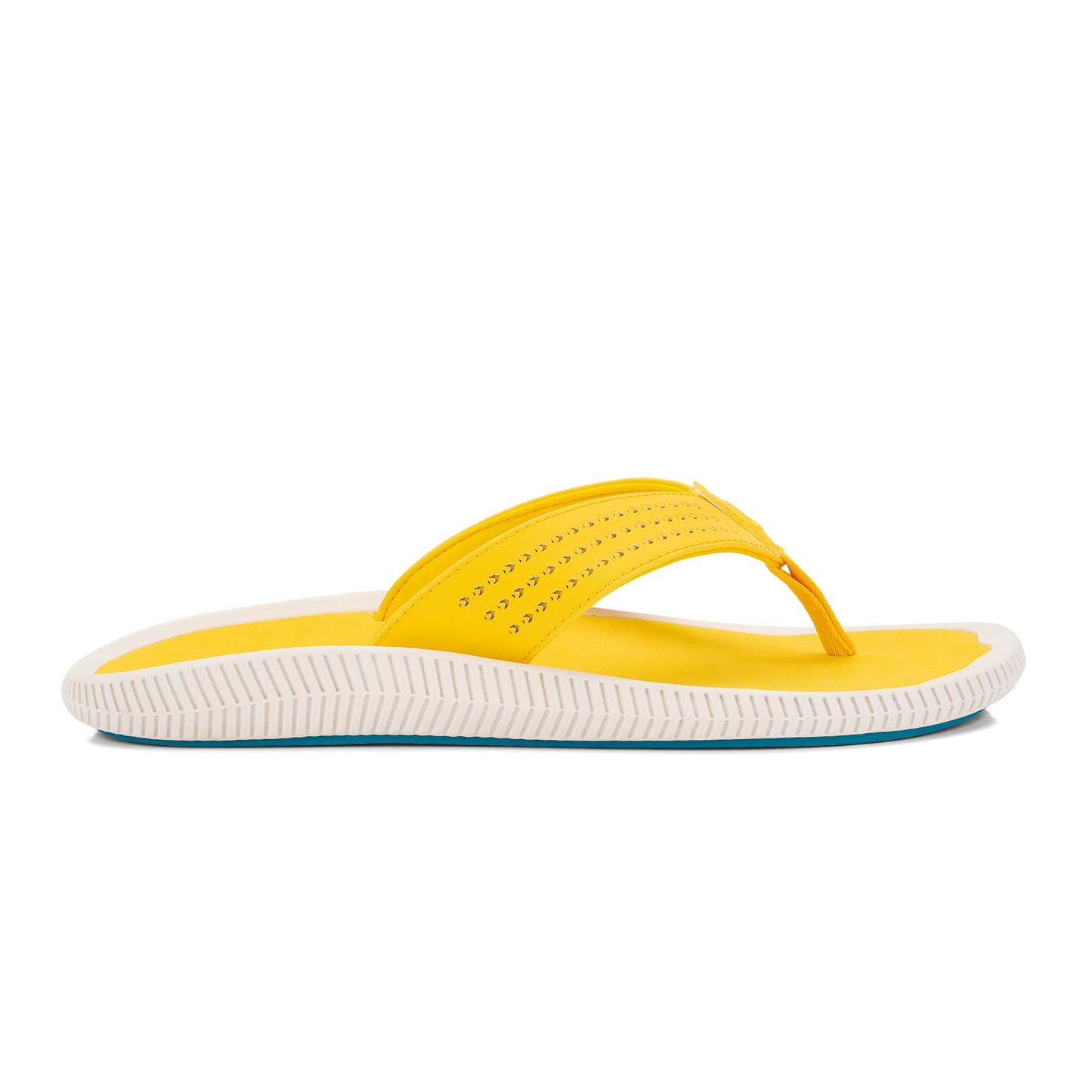 Yellow flip-flop sandal with perforated strap and white textured sole.