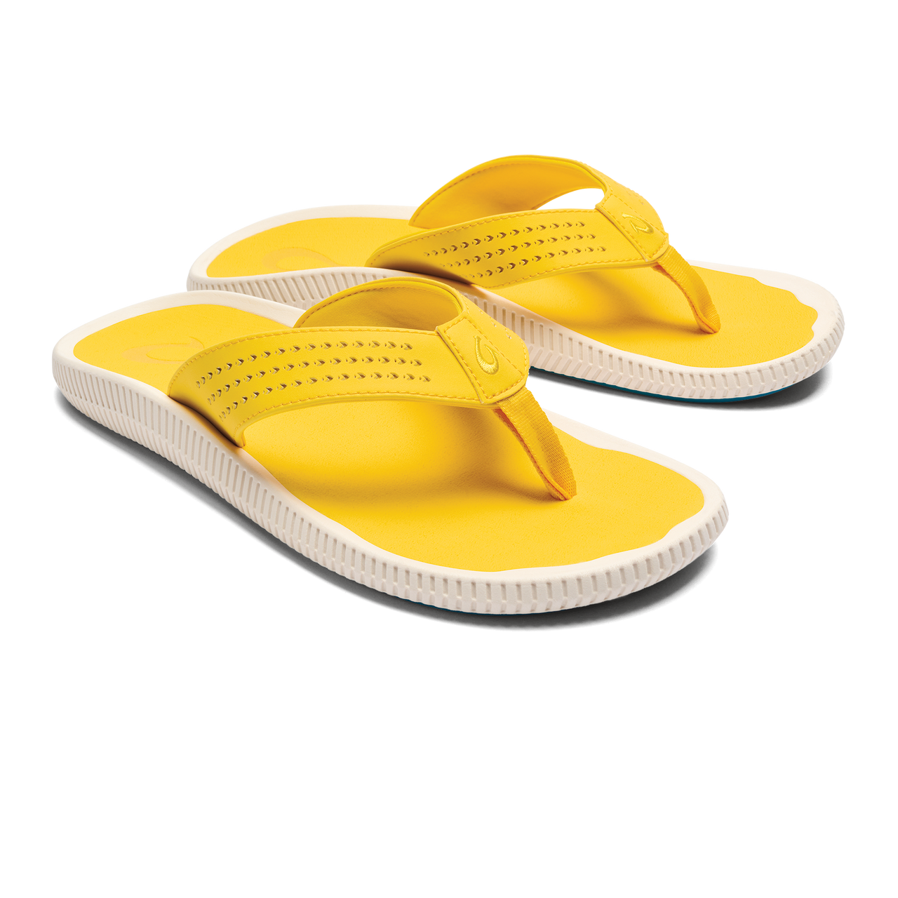 Yellow flip-flops with white soles.