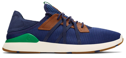 A blue athletic shoe with brown accents and a white sole.
