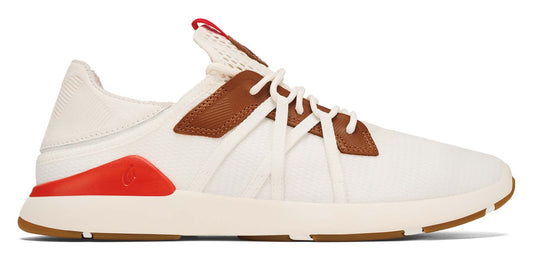 Off-white sneaker with brown accents and white laces.