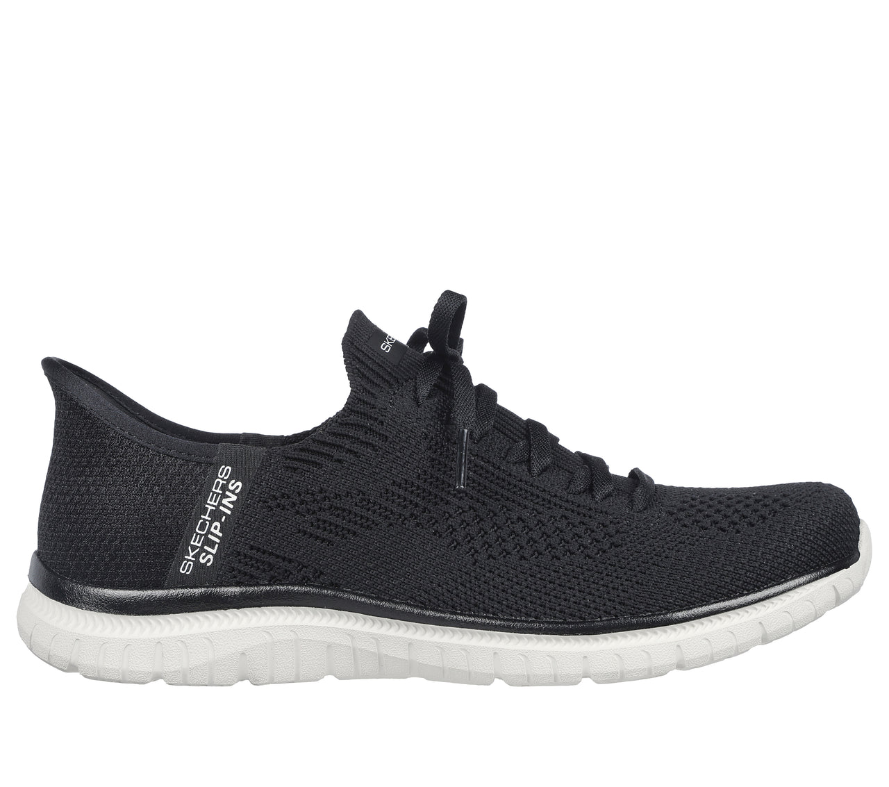 Black knit slip-on sneaker with a white sole; “SKECHERS SLIP-INS” is printed on the back.