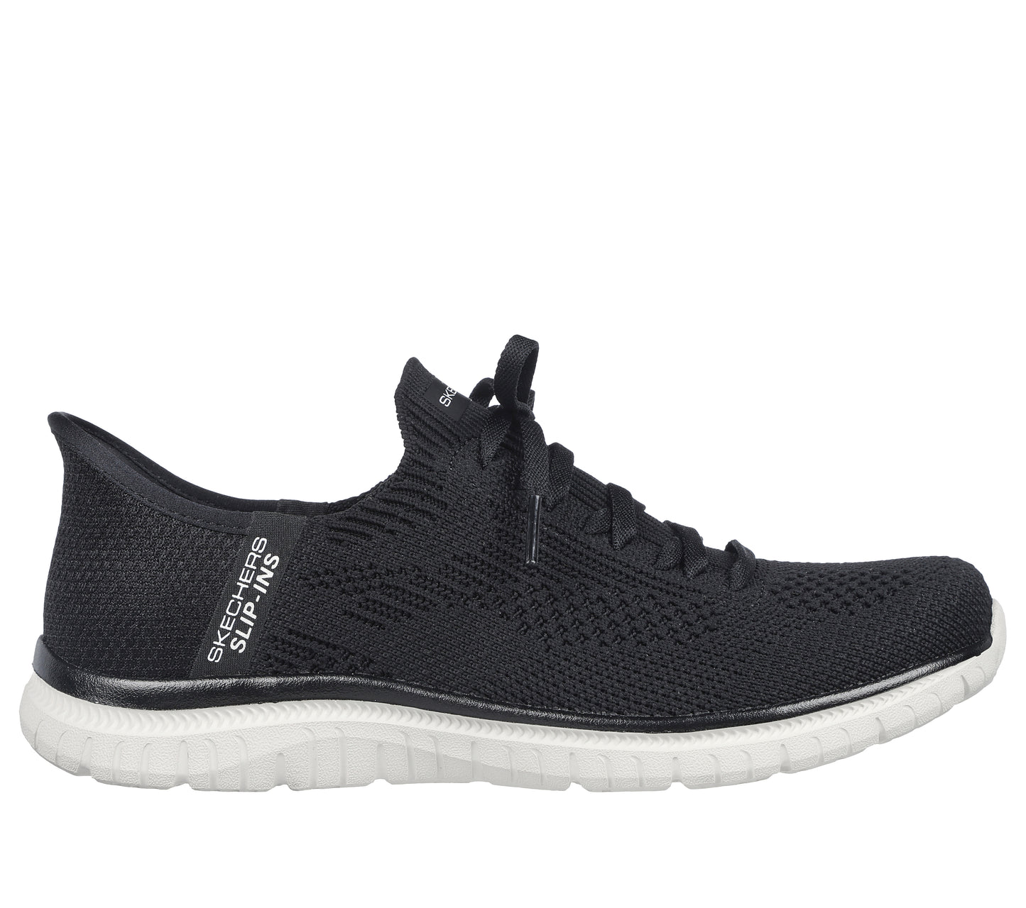 Black knit slip-on sneaker with a white sole; “SKECHERS SLIP-INS” is printed on the back.