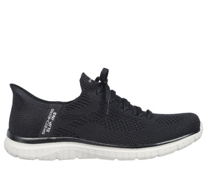 Black knit slip-on sneaker with a white sole; “SKECHERS SLIP-INS” is printed on the back.