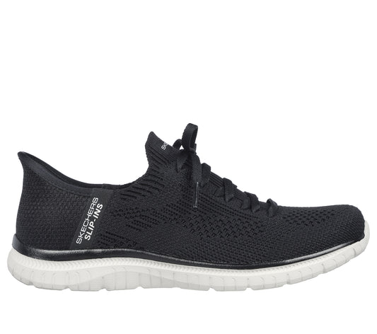 Black knit slip-on sneaker with a white sole; “SKECHERS SLIP-INS” is printed on the back.