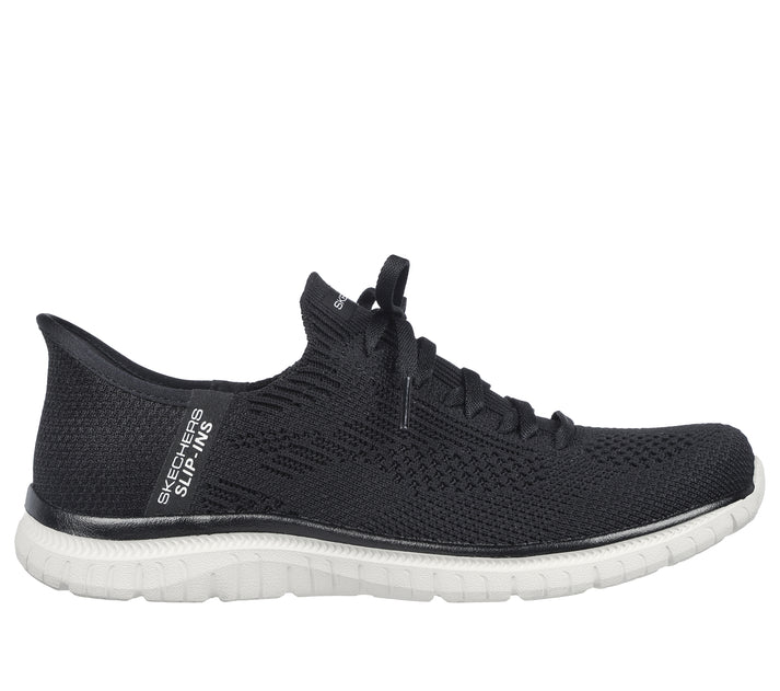 Black knit slip-on sneaker with a white sole; “SKECHERS SLIP-INS” is printed on the back.