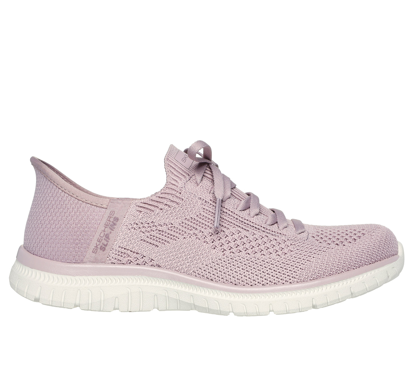 Lavender knit sneaker with laces and a white sole.