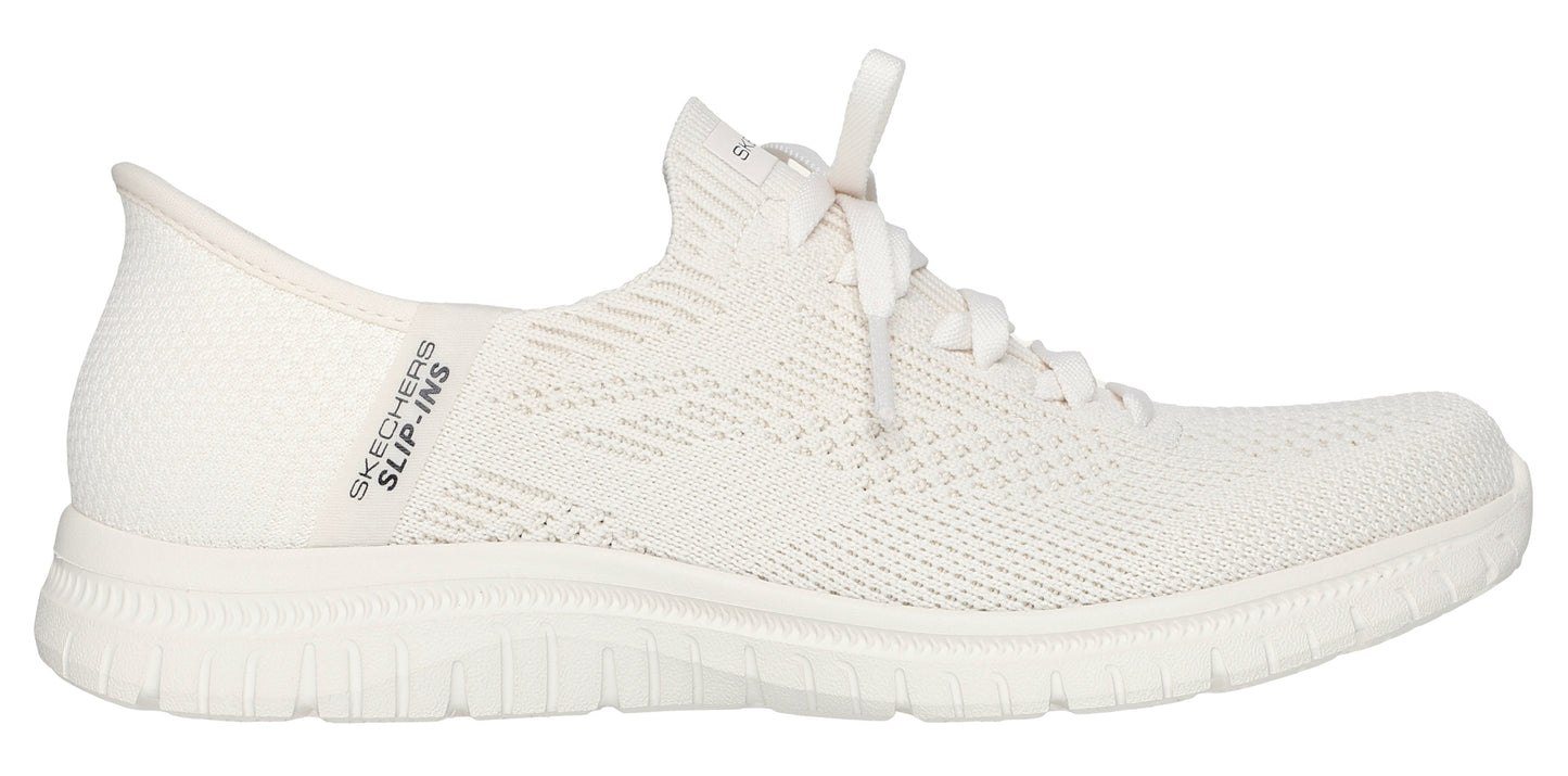 A white shoe with white shoelaces and the text "SKECHERS SLIP-INS" on the back.
