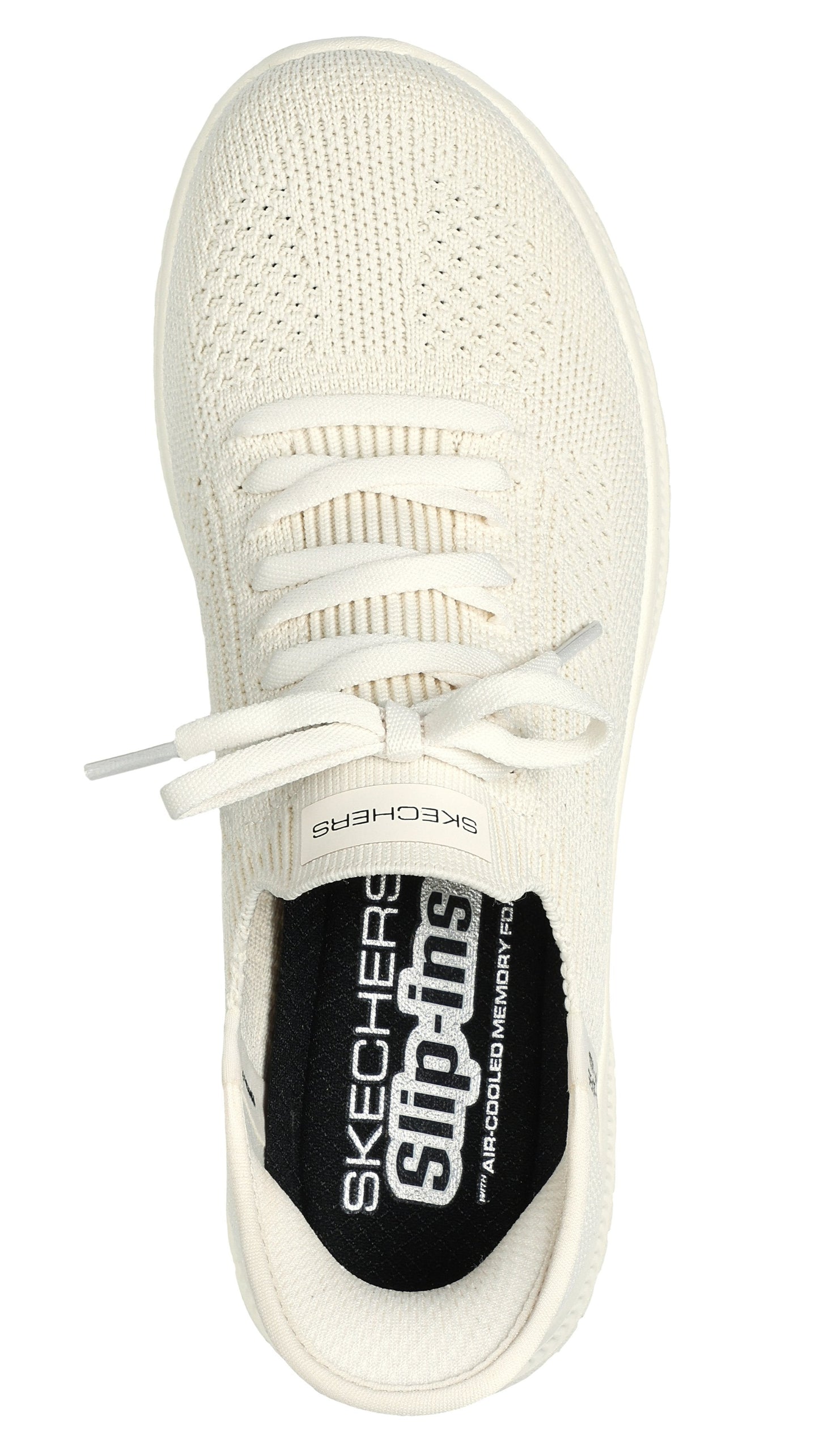 Top-down view of a cream-colored shoe with laces and visible insole labeled "SKECHERS Slip-ins" and "Air Cooled Memory Foam".
