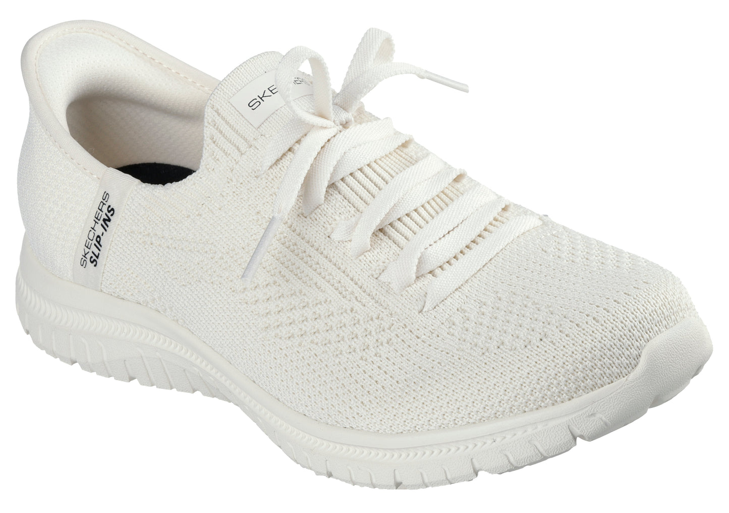 White knit sneaker with laces and visible "SKECHERS SLIP-INS" text.
