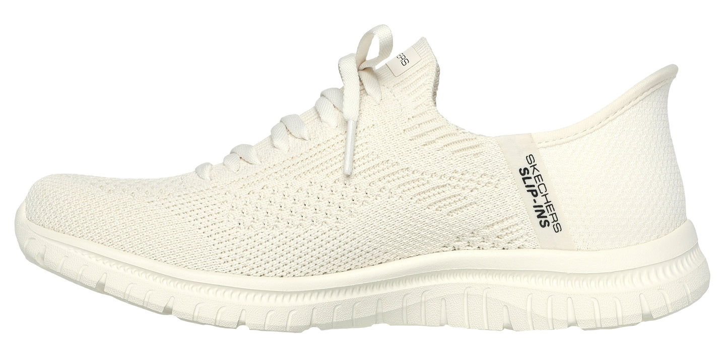 A white knit athletic shoe with laces and the text "SKECHERS SLIP-INS" on the heel.