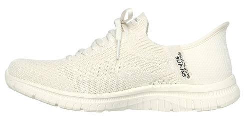 A white knit athletic shoe with laces and the text "SKECHERS SLIP-INS" on the heel.