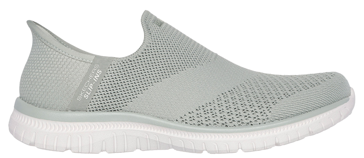 A slip-on style sneaker featuring a gray knit upper and a white sole with "SLIP-INS" text on the side.