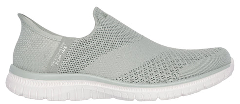 A slip-on style sneaker featuring a gray knit upper and a white sole with "SLIP-INS" text on the side.