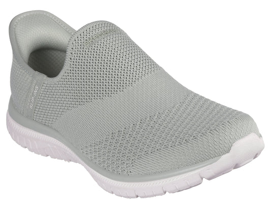 Slip-on gray knit shoe with a white sole.