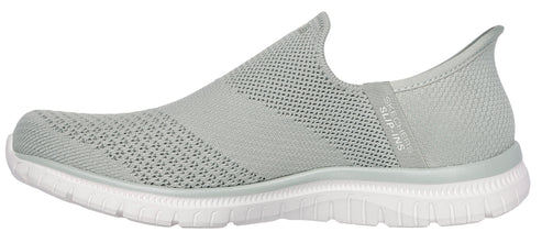 A gray slip-on shoe with a knit upper and a white sole.