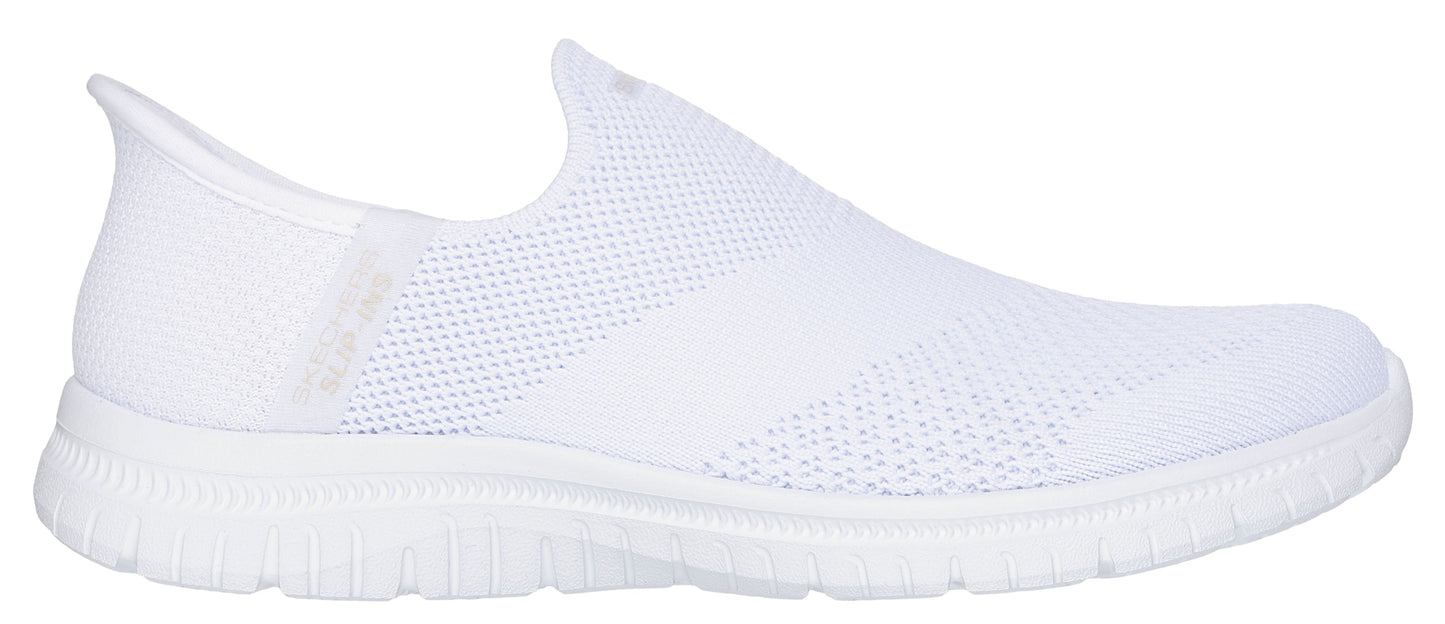 A white slip-on sneaker with a knit upper and a thick, textured sole.