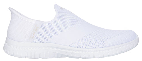 A white slip-on sneaker with a knit upper and a thick, textured sole.