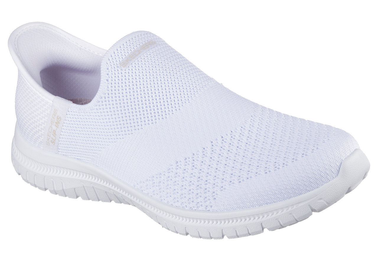 All-white slip-on knit shoe with a ribbed sole.
