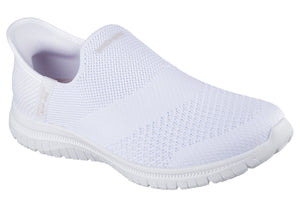 All-white slip-on knit shoe with a ribbed sole.