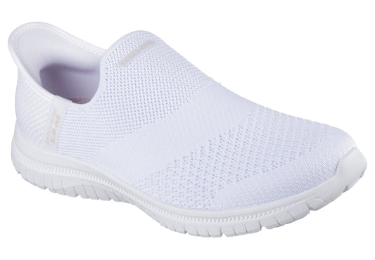 All-white slip-on knit shoe with a ribbed sole.