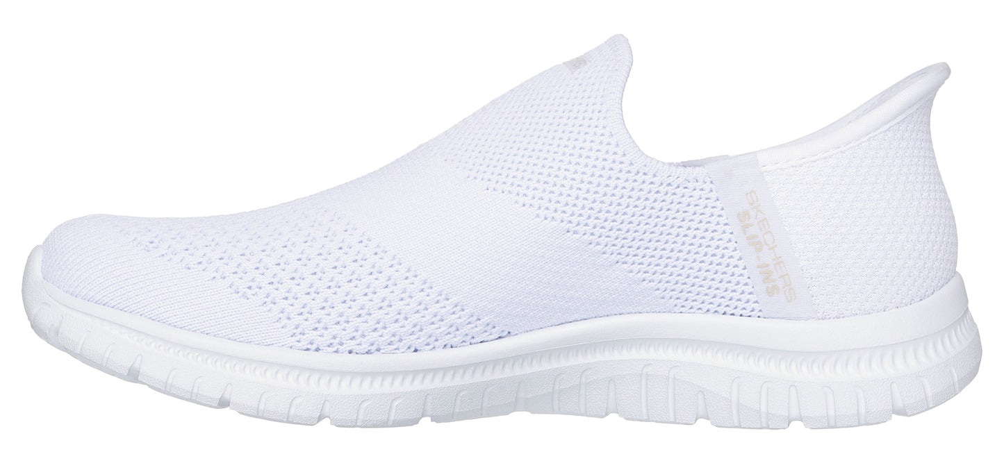 A white slip-on sneaker with a knit upper and a white sole.