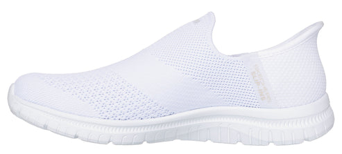 A white slip-on sneaker with a knit upper and a white sole.