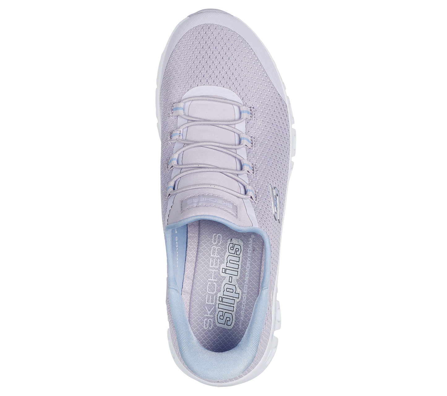 Top-down view of a lavender slip-on sneaker with light blue interior, light gray laces, and the words "SKECHERS SLIP-INS" on the insole.