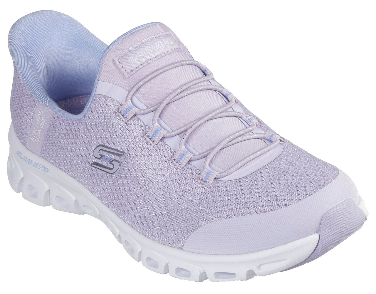 Lavender slip-on walking shoe with bungee laces and white sole.