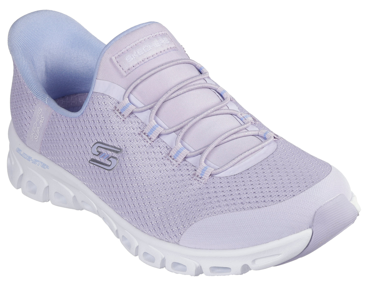 Lavender slip-on walking shoe with bungee laces and white sole.