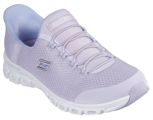 Lavender slip-on walking shoe with bungee laces and white sole.