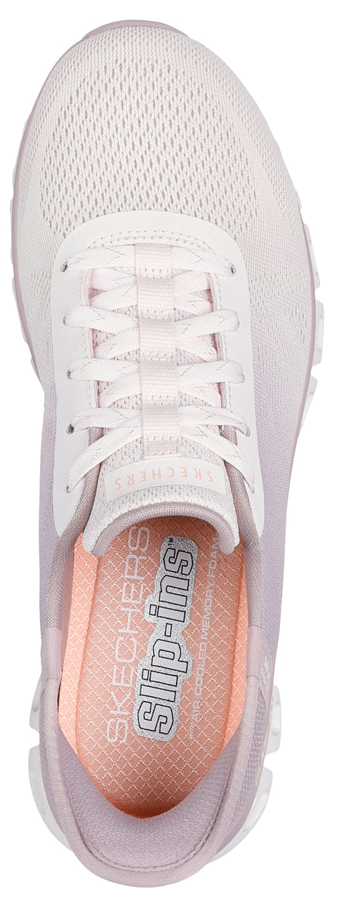 Top view of a light purple sneaker with laces and light orange inner sole, showing the text 'SKECHERS Slip-ins'.